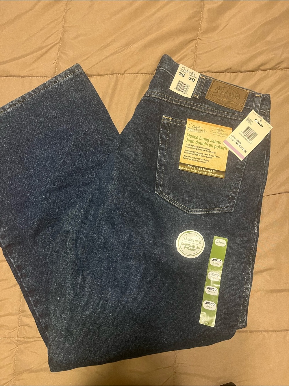 NWT Cabela's 38/30 Men's Dark Blue Fleece-Lined Relaxed Jeans